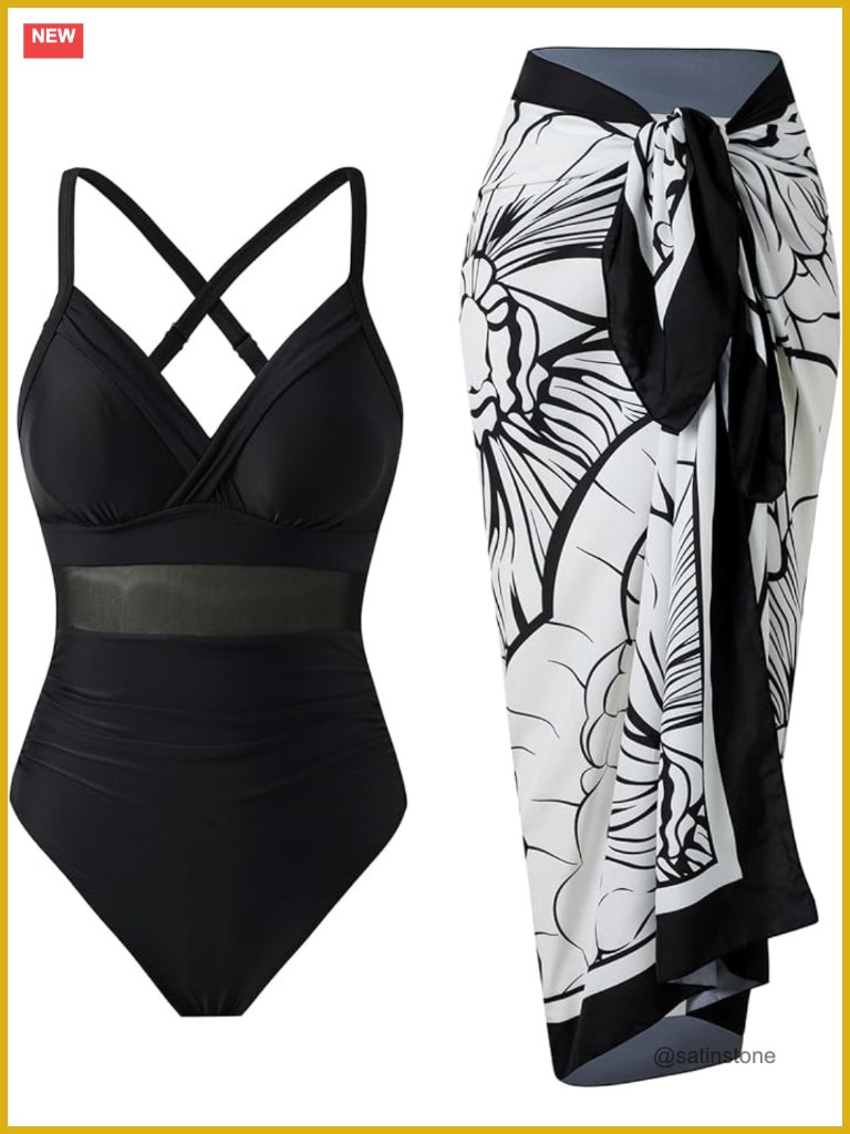 One Piece Tummy Control Swimsuit With Skirt Wrap Cover Up Set